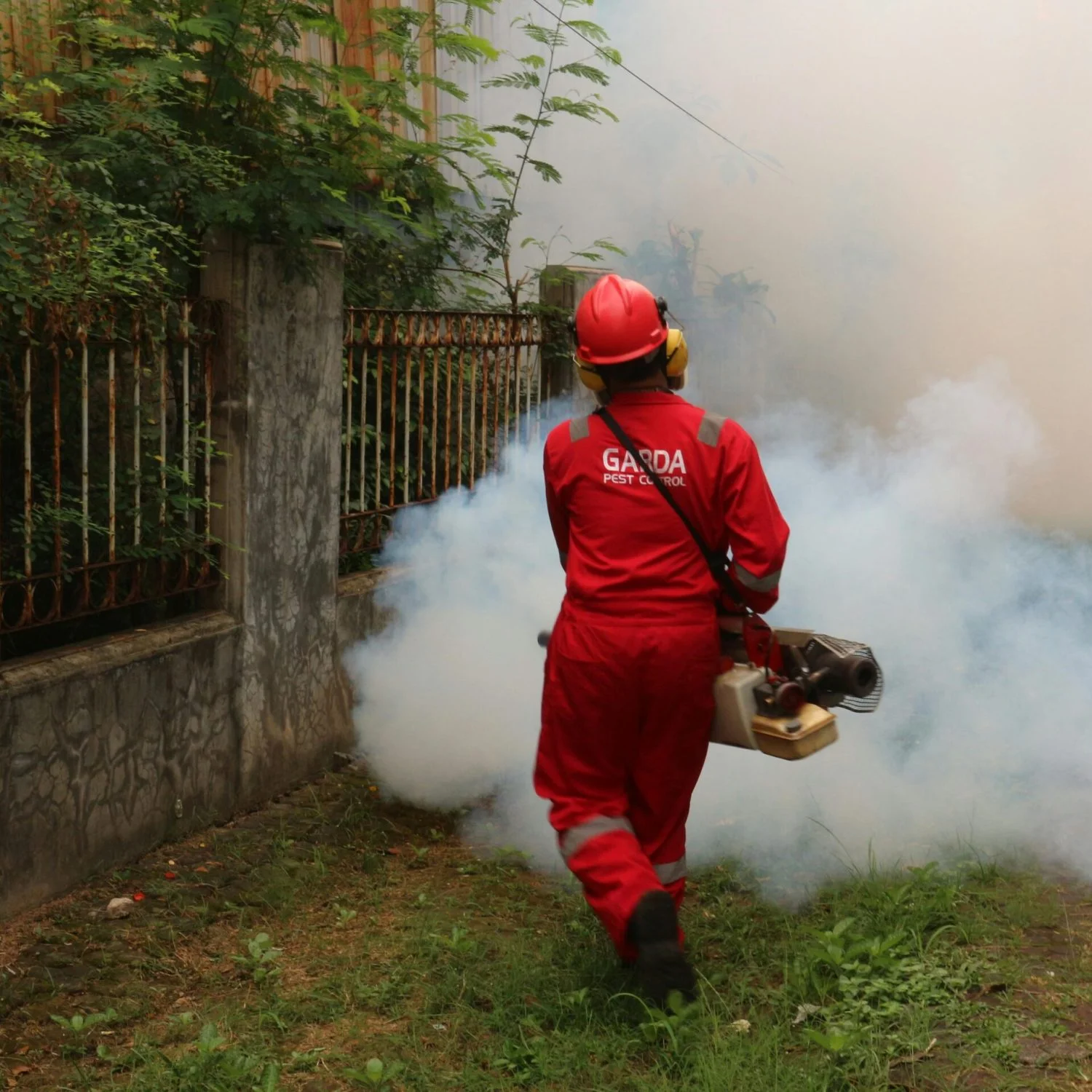 A pest control worker fogging in an outdoor space with smoke to eliminate pests.